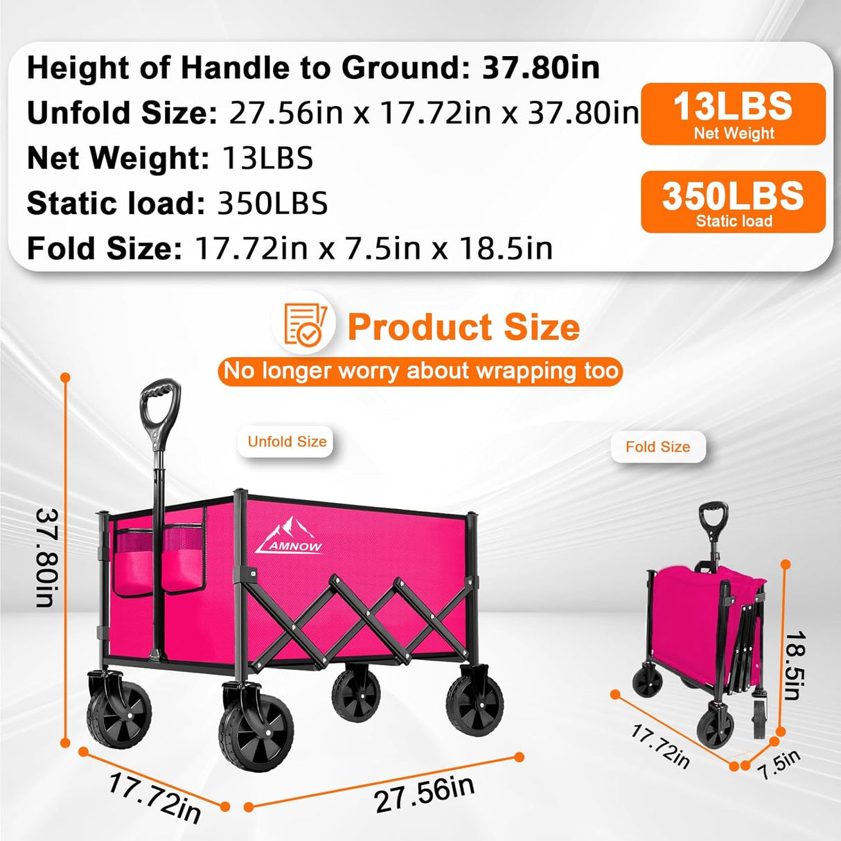 Collapsible Folding Wagon Cart, 350LBS Utility Large Capacity Cart Foldable Wagon with All Terrain Wheels, Grocery Wagons