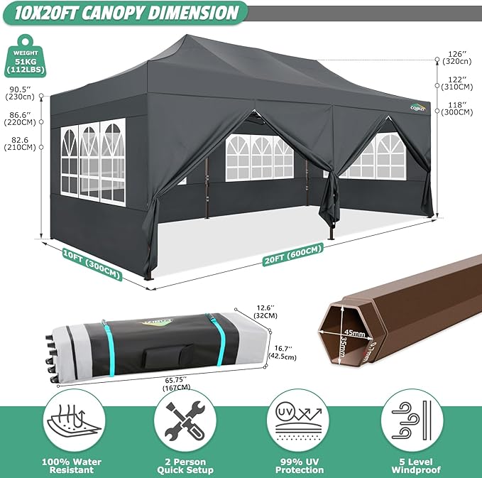 COBIZI 10x20 Pop Up Canopy Tent Heavy Duty with 6 Removable Sidewalls, Commercial Heavy Duty Pop Up Tent for Parties All