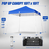 10x10 Pop Up Canopy, 300D Silver Coated Blue Fabric Outdoor Gazebo, Beach Tent Slant Legs with Storage Bag,Easy Up Sun Shade