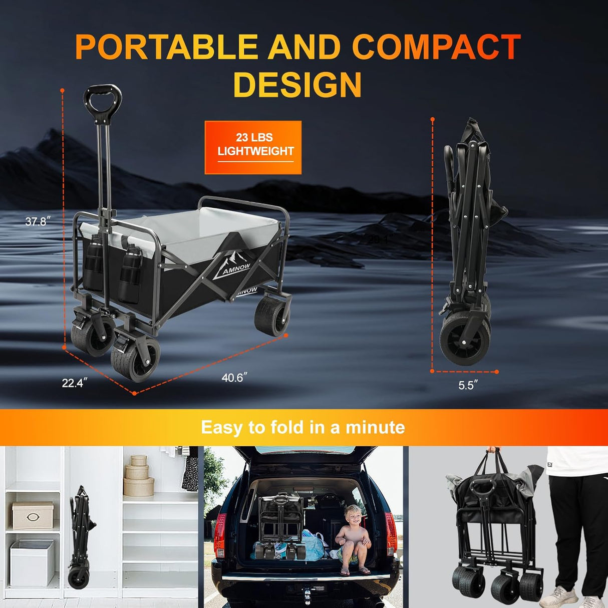 Collapsible Foldable Wagon, Utility Large Capacity Beach Wagon with Big Wheels, Shopping Cart with Side Pocket and Brakes