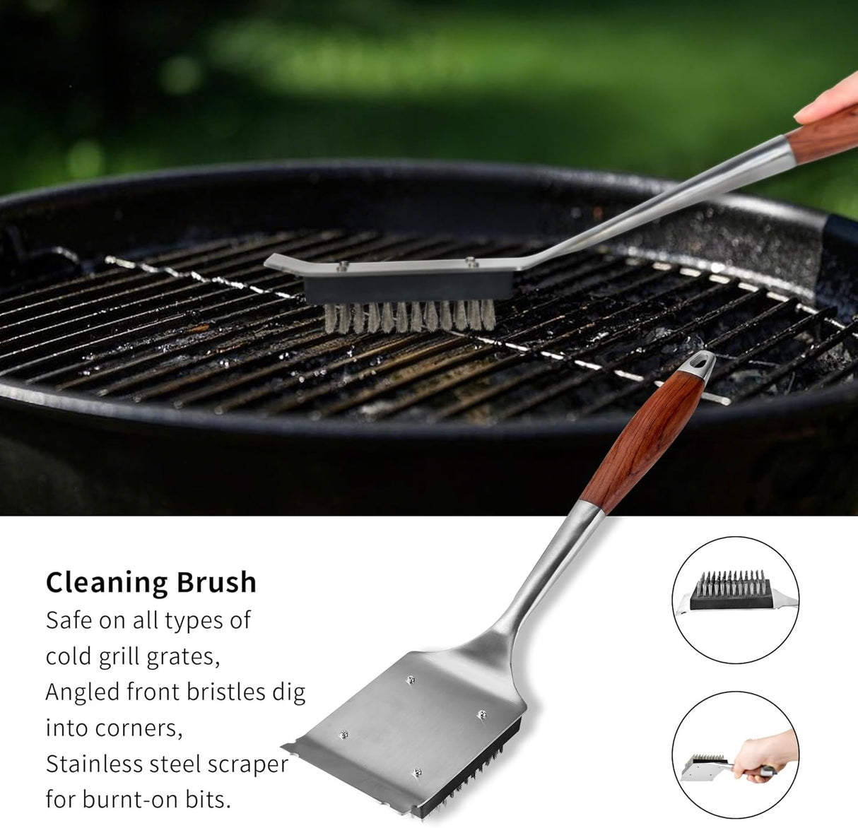 FJNATINH Heavy-Duty Grilling Accessories Rose Wooden BBQ Grilling Tools Set,Outdoor Grill Set with Spatula, Fork, Brush &