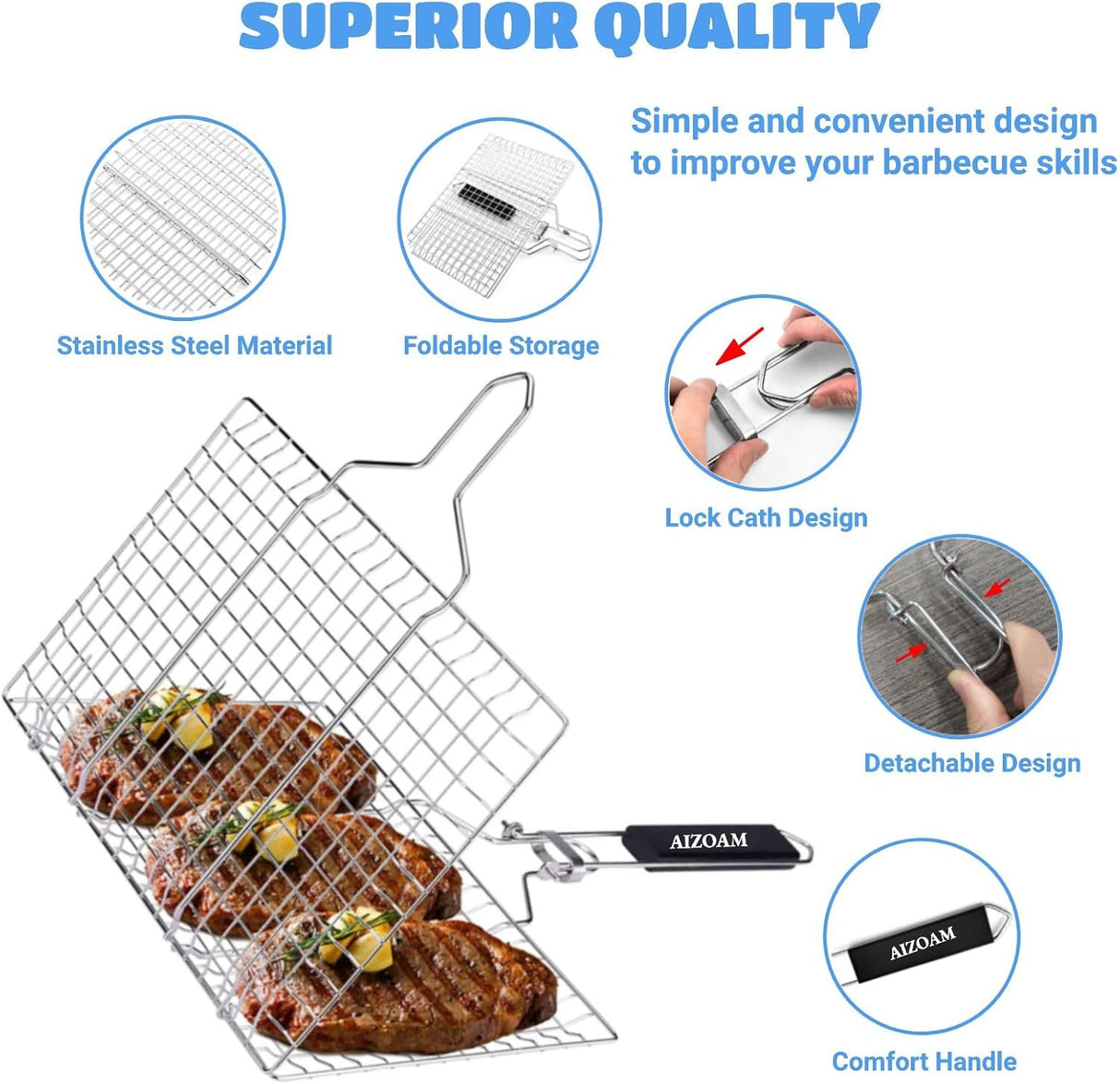 Shallow Grill Basket Fish Grill Basket, Fish Grilling Basket BBQ Fish Grill Baskets for Outdoor Grill,Grill Basket with