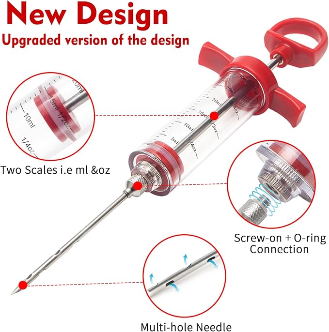 TGE-V 1-oz Plastic BBQ Marinade Injector Kit, Turkey Injector Syringe (3 Stainless Steel Meat Needles + 3 Replacement O