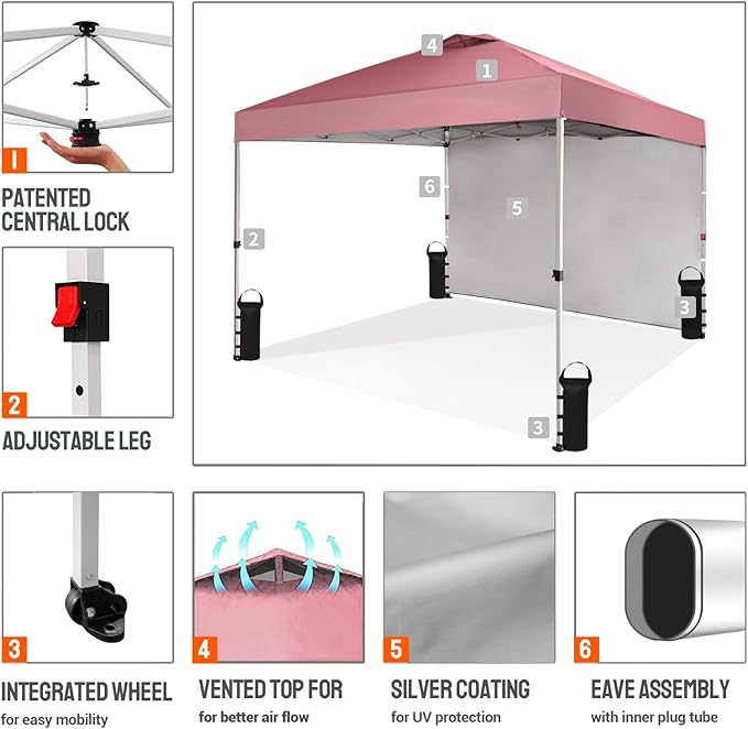 CROWN SHADES 10x10 Pop Up Canopy with 1 Side Wall - Beach Tent with One Push Setup - Outdoor Sun Shade for Events, Parties,