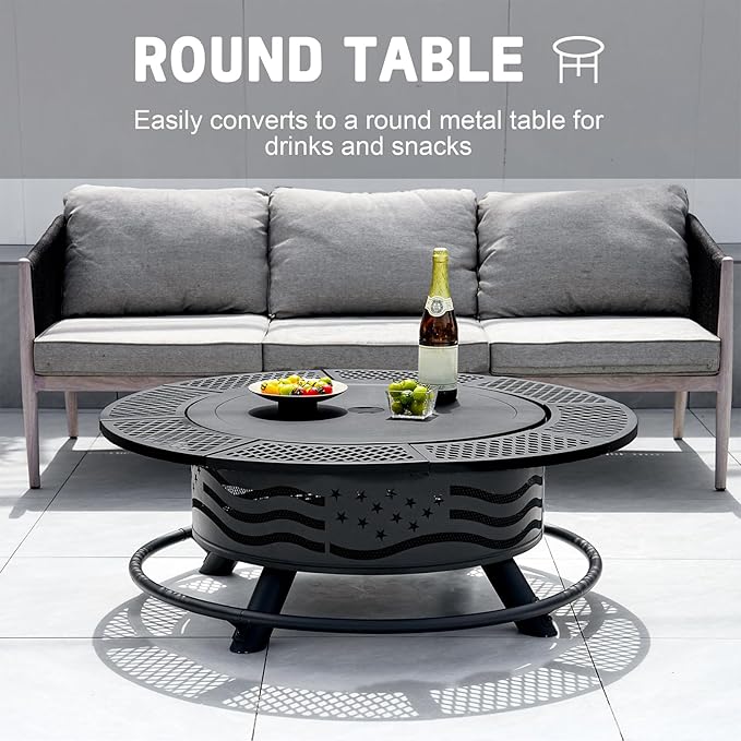 42 Inch Fire Pit with 2 Cooking Grates, Outdoor Wood Burning BBQ Grill Firepit Bowl with Cover Lid, Steel Round Table for
