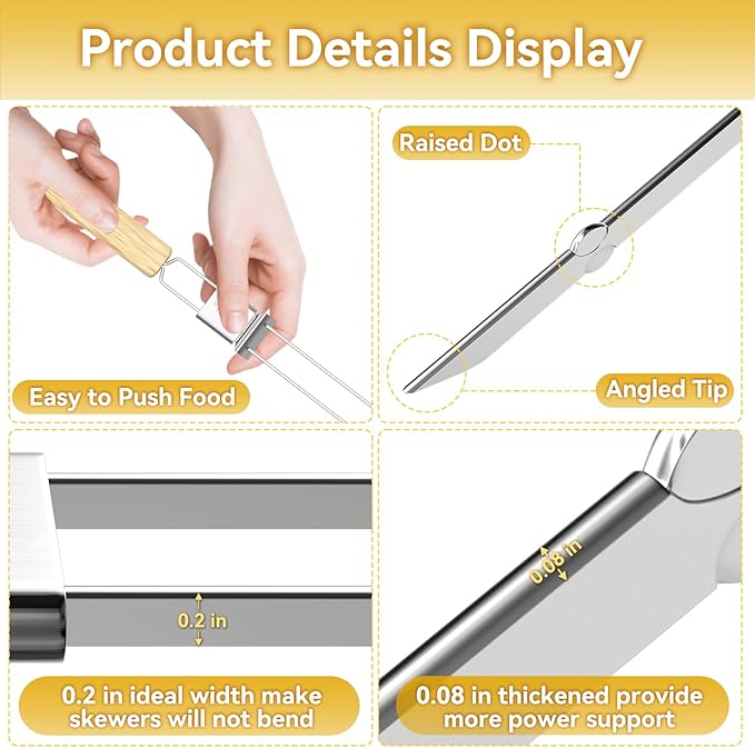 Skewers for Grilling, 17" (6 Pcs) Wooden Handle Double Pronged Stainless Steel Flat Kabob Skewers with Push Bar, Reusable