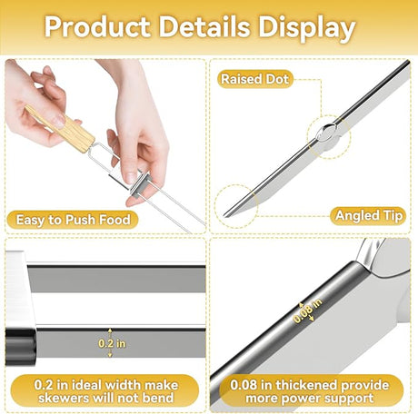 Skewers for Grilling, 17" (6 Pcs) Wooden Handle Double Pronged Stainless Steel Flat Kabob Skewers with Push Bar, Reusable