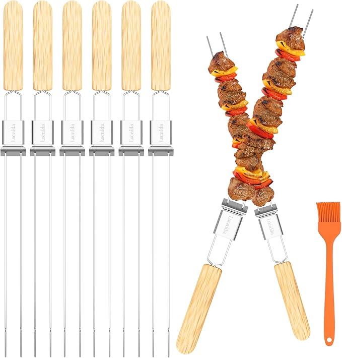 Skewers for Grilling, 17" (6 Pcs) Wooden Handle Double Pronged Stainless Steel Flat Kabob Skewers with Push Bar, Reusable