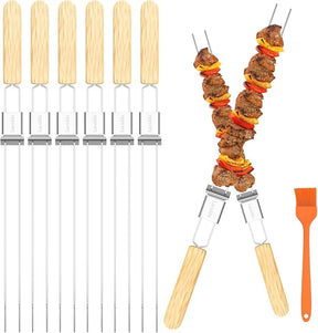 Skewers for Grilling, 17" (6 Pcs) Wooden Handle Double Pronged Stainless Steel Flat Kabob Skewers with Push Bar, Reusable