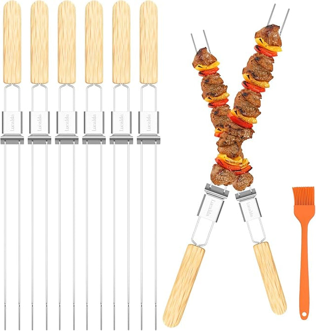 Skewers for Grilling, 17" (6 Pcs) Wooden Handle Double Pronged Stainless Steel Flat Kabob Skewers with Push Bar, Reusable