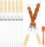 Skewers for Grilling, 17" (6 Pcs) Wooden Handle Double Pronged Stainless Steel Flat Kabob Skewers with Push Bar, Reusable