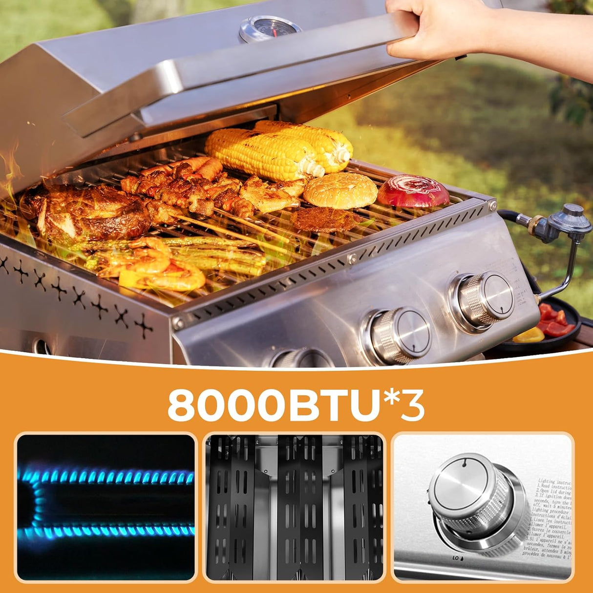 R.W.FLAME Premium 3 Burner Tabletop Propane Gas Grill Stainless Steel Portable Outdoor BBQ Grill with Griddle,24,000 BTU