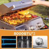 R.W.FLAME Premium 3 Burner Tabletop Propane Gas Grill Stainless Steel Portable Outdoor BBQ Grill with Griddle,24,000 BTU