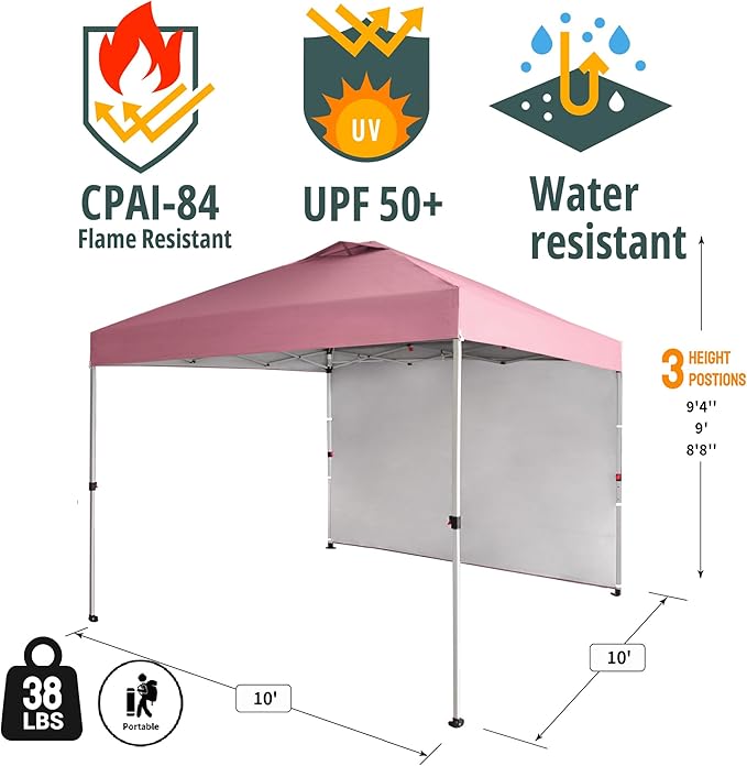 CROWN SHADES 10x10 Pop Up Canopy with 1 Side Wall - Beach Tent with One Push Setup - Outdoor Sun Shade for Events, Parties,
