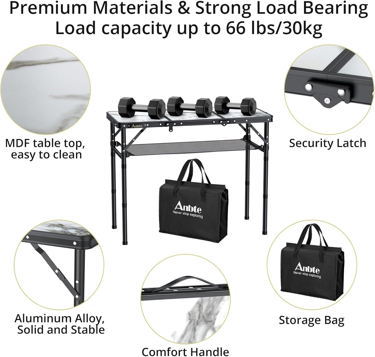 Folding Camping Table, Aluminum Small Folding Table 3 Adjustable Height Max 27.5", Portable Table with Carry Handle,