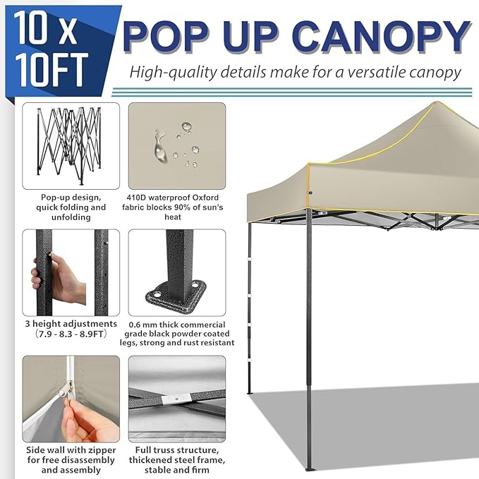 COBIZI 10x10 Heavy Duty Pop up Canopy with 4 Removable Sidewalls, Canopy Tent with Portable Bag, Ez Pop up Tent Commercial