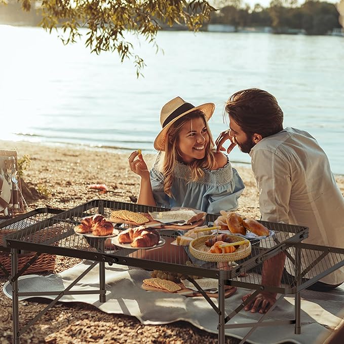 Folding Table with 2 Wing Panels, 3x2 FT Camping Table with Mesh Desktop,Height Adjustable Folding Grill Table with Mesh