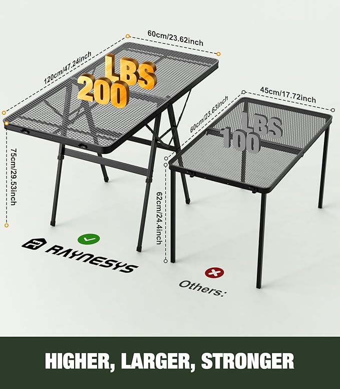 Foldable Grill Table with Mesh Desktop, 200lbs 4Ft Portable Folding Table, Height Adjustable Metal Table for Ourdoor,