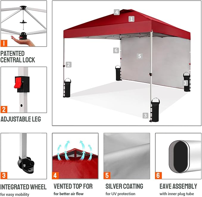 CROWN SHADES 10x10 Pop Up Canopy with 1 Side Wall - Beach Tent with One Push Setup - Outdoor Sun Shade for Events, Parties,
