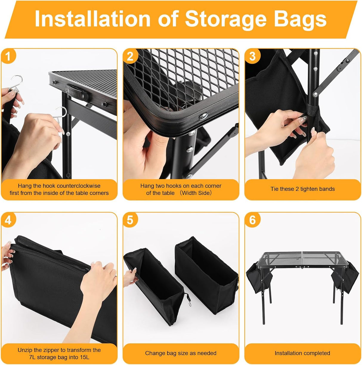 Camping Table 3FT Grill Table with 2×7/15L Storage Bag Foldable Folding Table Picnic Portable Stand Mesh 2 Height Adjustable