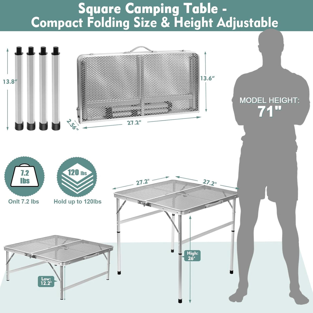 Square Folding Table, Easy for Storage, Compact and Portable Picnic Table for Grill, Outdoor Camping, Garden, Patio, Dining,