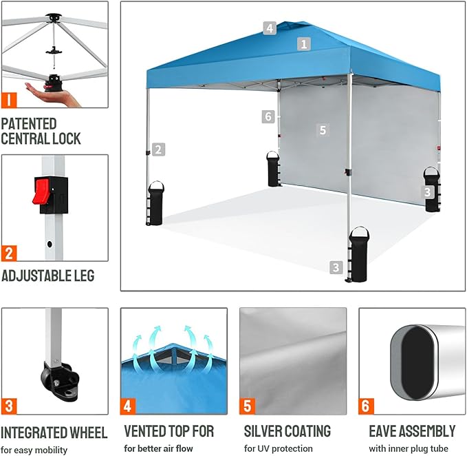 CROWN SHADES 10x10 Pop Up Canopy with 1 Side Wall - Beach Tent with One Push Setup - Outdoor Sun Shade for Events, Parties,