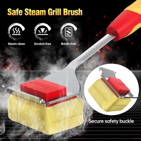 Grill Brush Bristle Free for Outdoor Grill, Steam Grill Cleaning Brush Replaceable BBQ Cleaner Brush Head,Extended Handle,