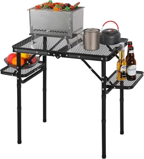 REDCAMP 35x16 Folding Grill Table for Outside with 2 Side Tables, 4 Adjustable Heights Portable Small Stand Table for