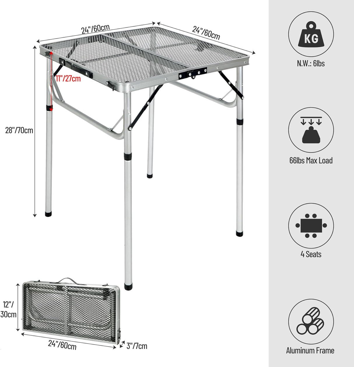 REDCAMP 24" Square Folding Grill Table for Outside, Lightweight Portable Metal Aluminum Outdoor Grill Table with Adjustable