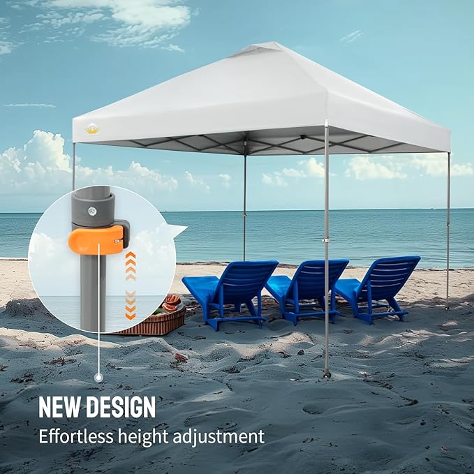 CROWN SHADES Adjustable Height on The Fly, 10x10 Pop Up Canopy - Beach Tent with One Push Setup - Easy Outdoor Sun Shade for