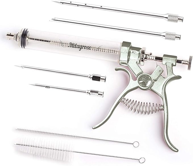 Meat Injector Syringe Stainless Steel Outdoor Meat Kit Marinade Flavor Food Injector Syringes with 4 Marinades Needles Grill