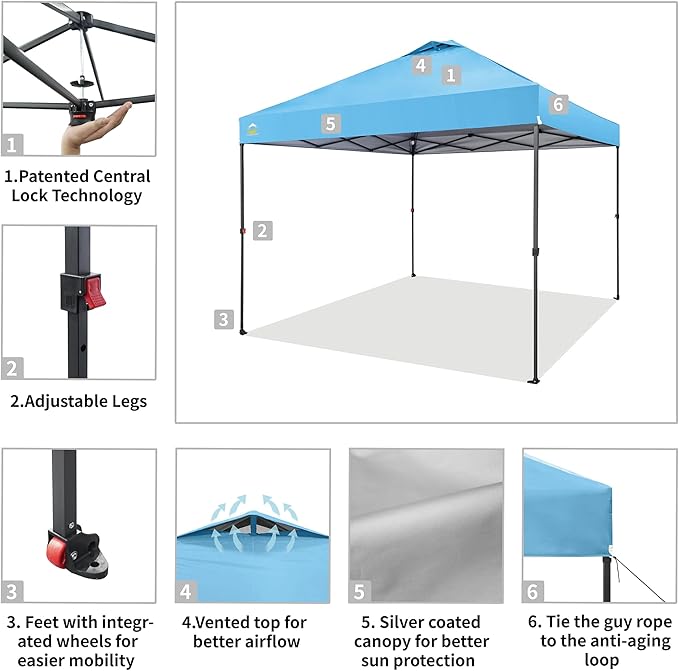 CROWN SHADES Adjustable Height on The Fly, 10x10 Pop Up Canopy - Beach Tent with One Push Setup - Easy Outdoor Sun Shade for