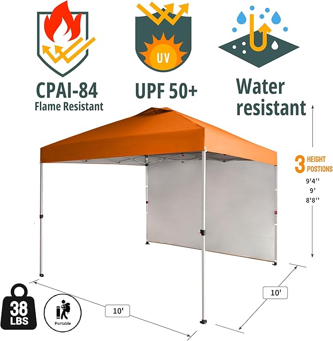 CROWN SHADES 10x10 Pop Up Canopy with 1 Side Wall - Beach Tent with One Push Setup - Outdoor Sun Shade for Events, Parties,