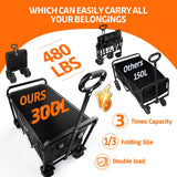 300L Large Collapsible Wagons Carts with Big All-Terrain Beach Wheels, Foldable Shopping Wagon Cart, Heavy Duty 480lbs Load,