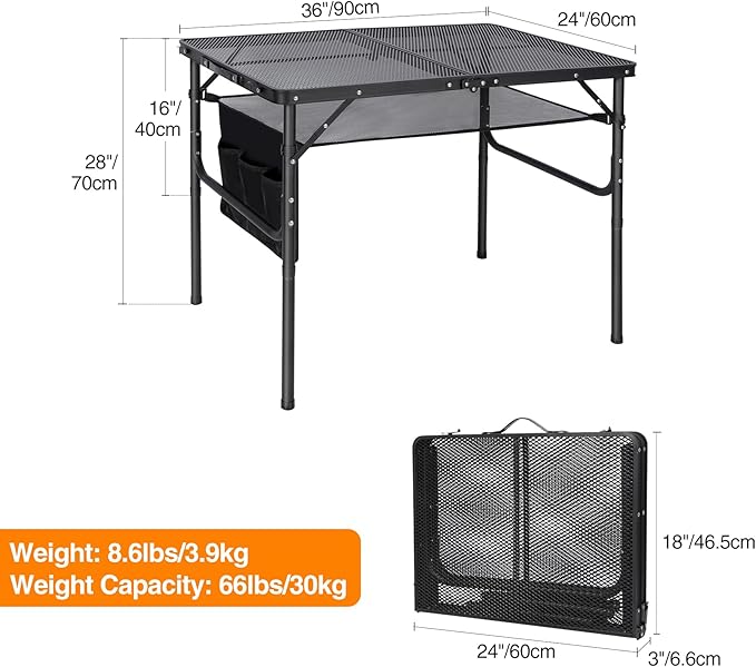 REDCAMP 36x24 Folding Grill Table for Outside, Lightweight Portable Metal Aluminum Outdoor Grill Table with Adjustable