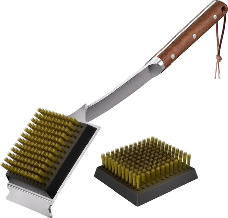 ENLOY Grill Brush and Scraper for Barbecue, 17" Grill Brush for Outdoor Grill, Extended Rosewood Handle and 2 Replaceable