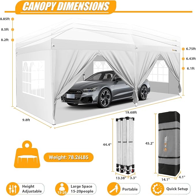 HOTEEL 10x20 Pop up Canopy with Sidewalls, One Push Outdoor Tents for Parties Waterproof Canopy Tent with Reinforce Rod,