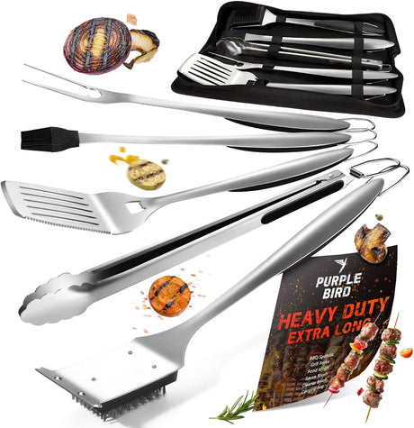 PURPLEBIRD Grill Set for Outdoor Grill 6 pcs - Heavy Duty Grilling Tools Set with Extra Long Handle, Stainless Grilling