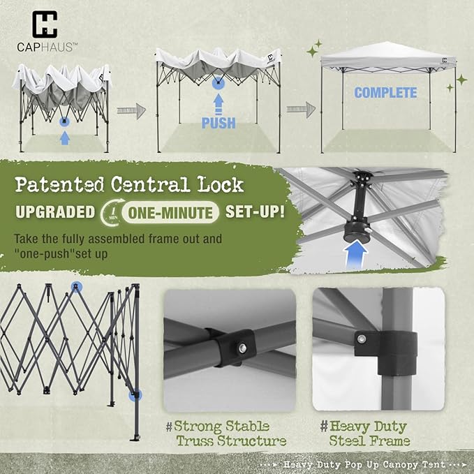 CAPHAUS 12ft x 12ft Patented One-Push Pop Up Outdoor Canopy Tent, Heavy-Duty Commercial Grade w/Central Lock, Portable and
