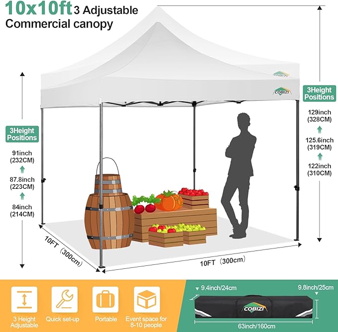 COBIZI 10x10 Pop Up Canopy Tent 10x10 Easy up Canopy, Heavy Duty Outdoor Canopy UPF 50+ All Weather Waterproof Instant Party