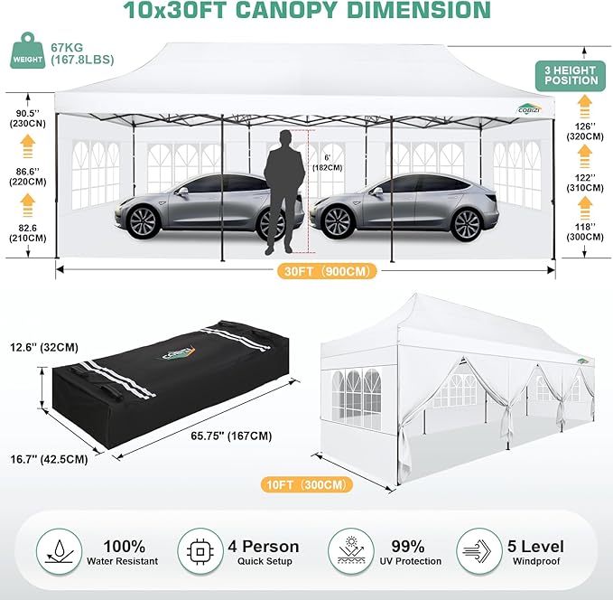COBIZI 10x30 Pop Up Canopy Tent Heavy Duty with 8 Removable Sidewalls, Commercial Portable Tents for Parties Ez Up Canopy