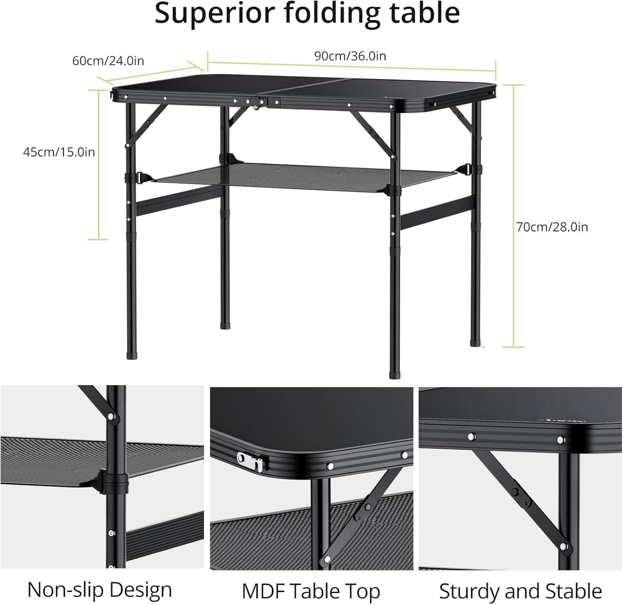 Folding Camping Table, 36" x 24" Portable Table Adjustable Height Max 28 inch Aluminum Folding Table with Storage Net,