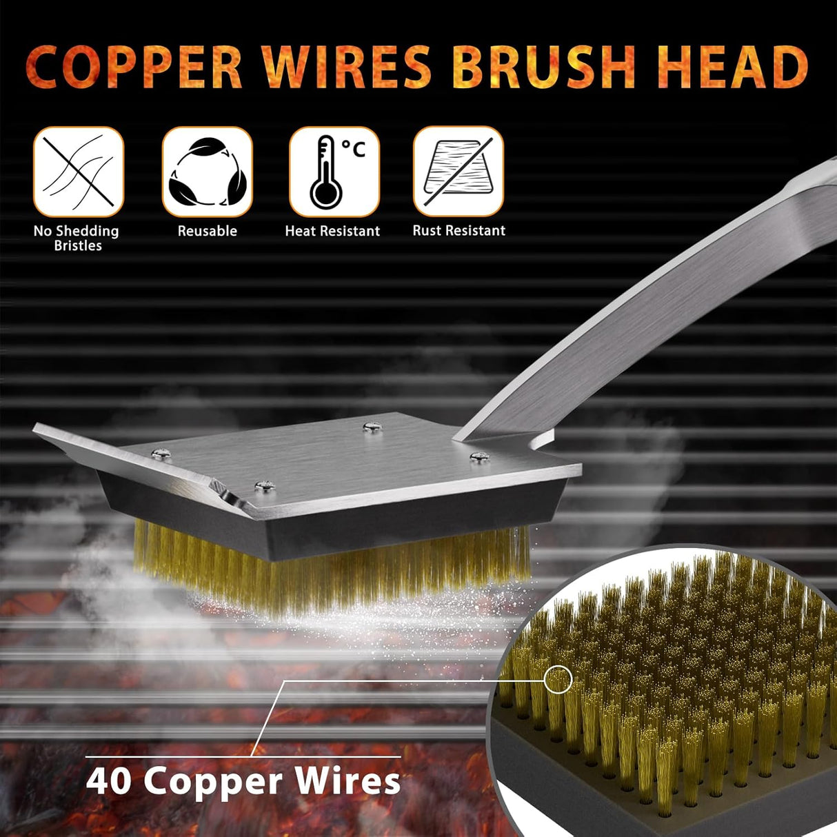 ENLOY Grill Brush and Scraper for Barbecue, 17" Grill Brush for Outdoor Grill, Extended Rosewood Handle and 2 Replaceable