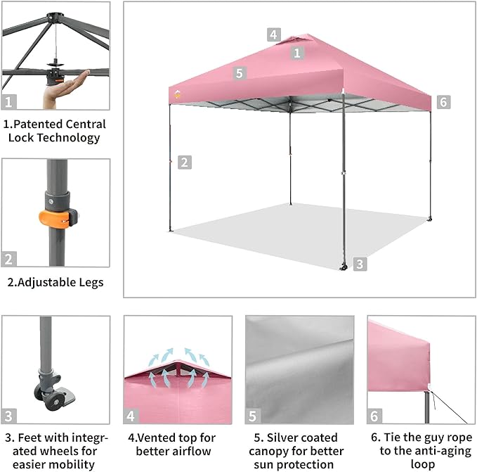 CROWN SHADES Adjustable Height on The Fly, 10x10 Pop Up Canopy - Beach Tent with One Push Setup - Easy Outdoor Sun Shade for