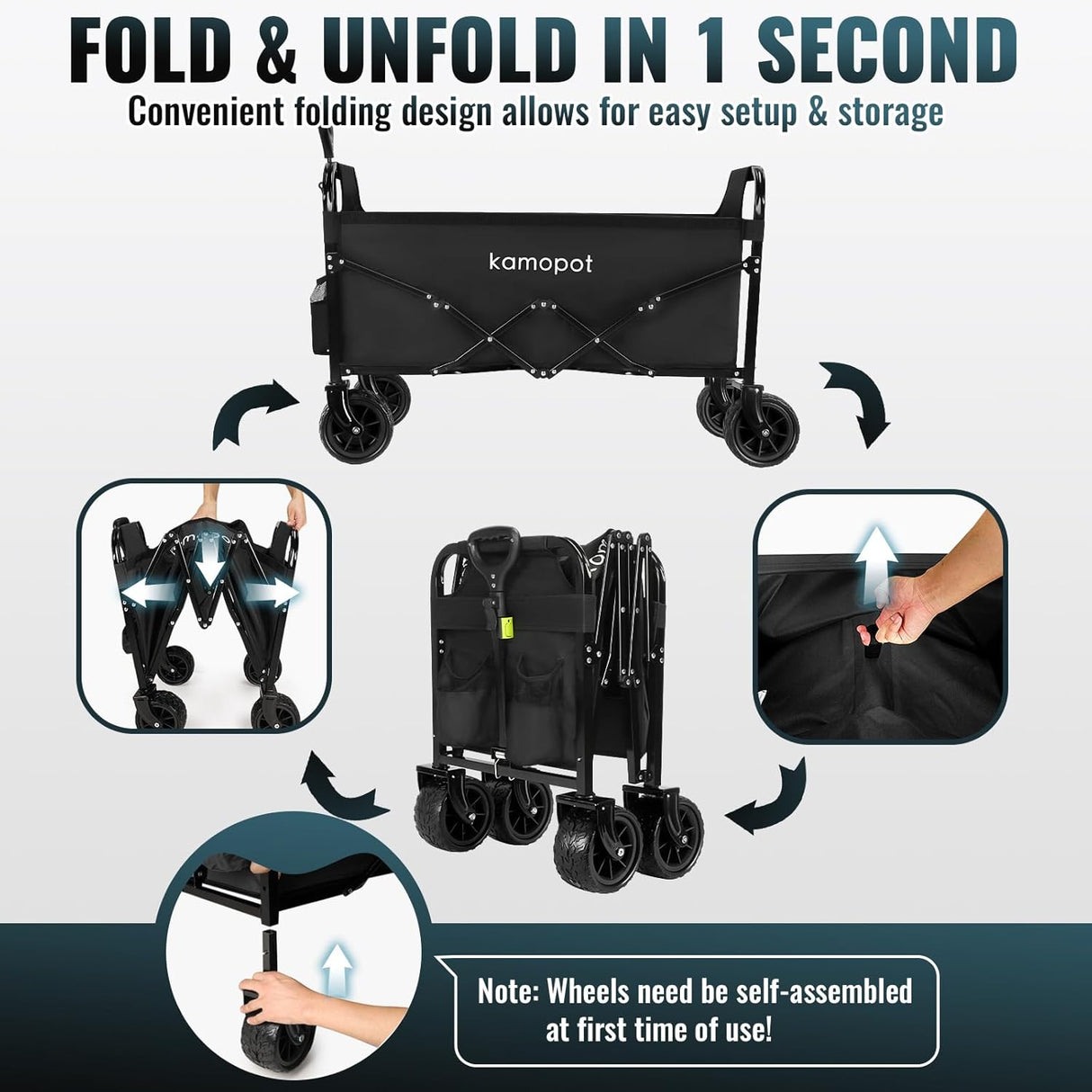 Large Collapsible Wagon Foldable for Beach, Yard, Grocery, Park, 34" x 18" Inner Storage. 300lb Heavy Duty Folding Utility