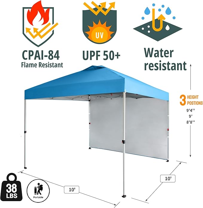 CROWN SHADES 10x10 Pop Up Canopy with 1 Side Wall - Beach Tent with One Push Setup - Outdoor Sun Shade for Events, Parties,