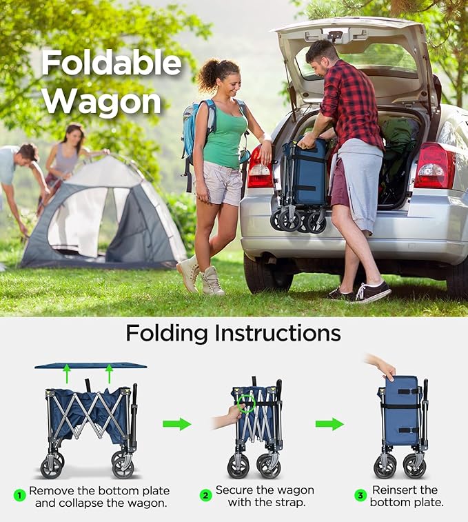 Beach Wagon,Collapsible-Wagon 220lbs with Big Wheels FoldableWagon Carts,Portable Utility for Garden Grocery Sports Camping