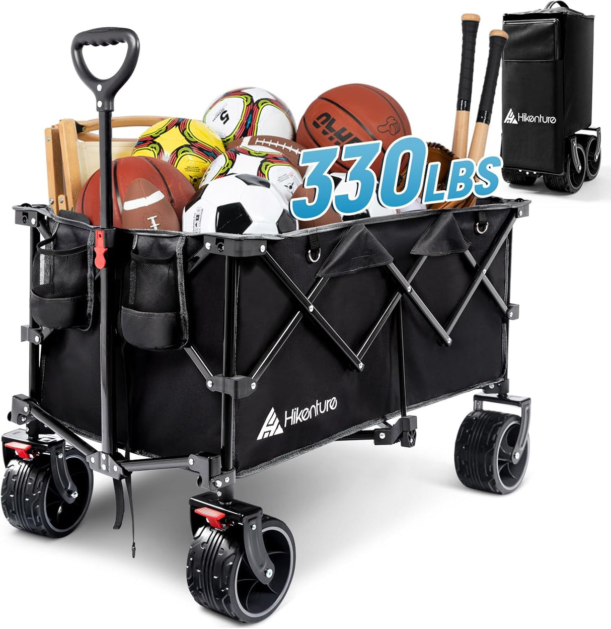 Hikenture Collapsible Wagon Cart, 330lbs Capacity Beach Wagons with Big Wheels for Sand, Heavy Duty Foldable Cart with