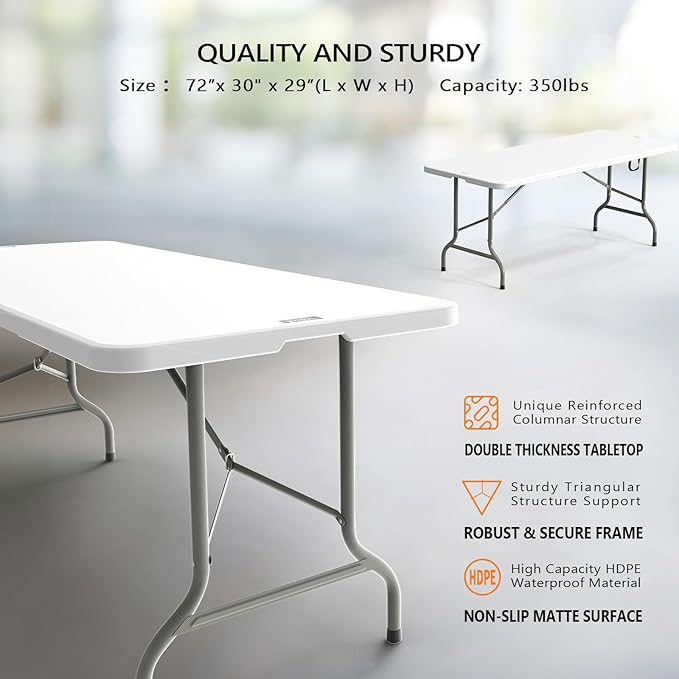 VINGLI 8 Foot Plastic Folding Table Portable Long Table for Indoor Outdoor Use Rectangular with Carrying Handle，White