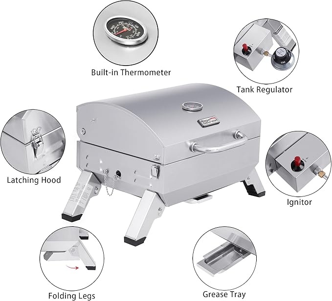 Royal Gourmet GT1001 Stainless Steel Portable Grill, 10000 BTU BBQ Tabletop Gas Grill with Folding Legs and Lockable Lid,